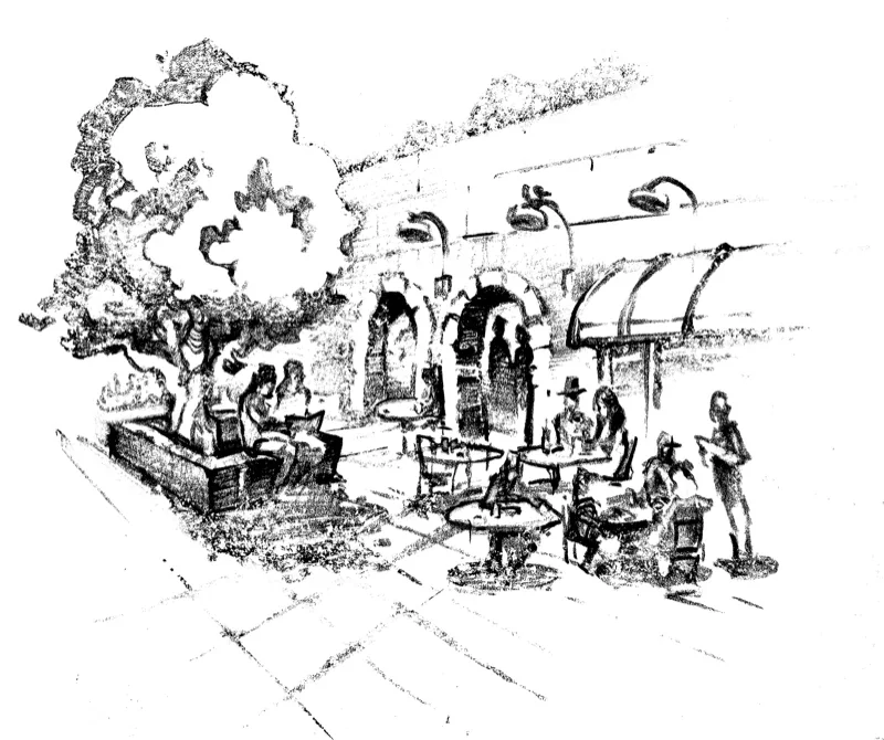 Pen-and-ink illustration of figures gathered in a landscape
