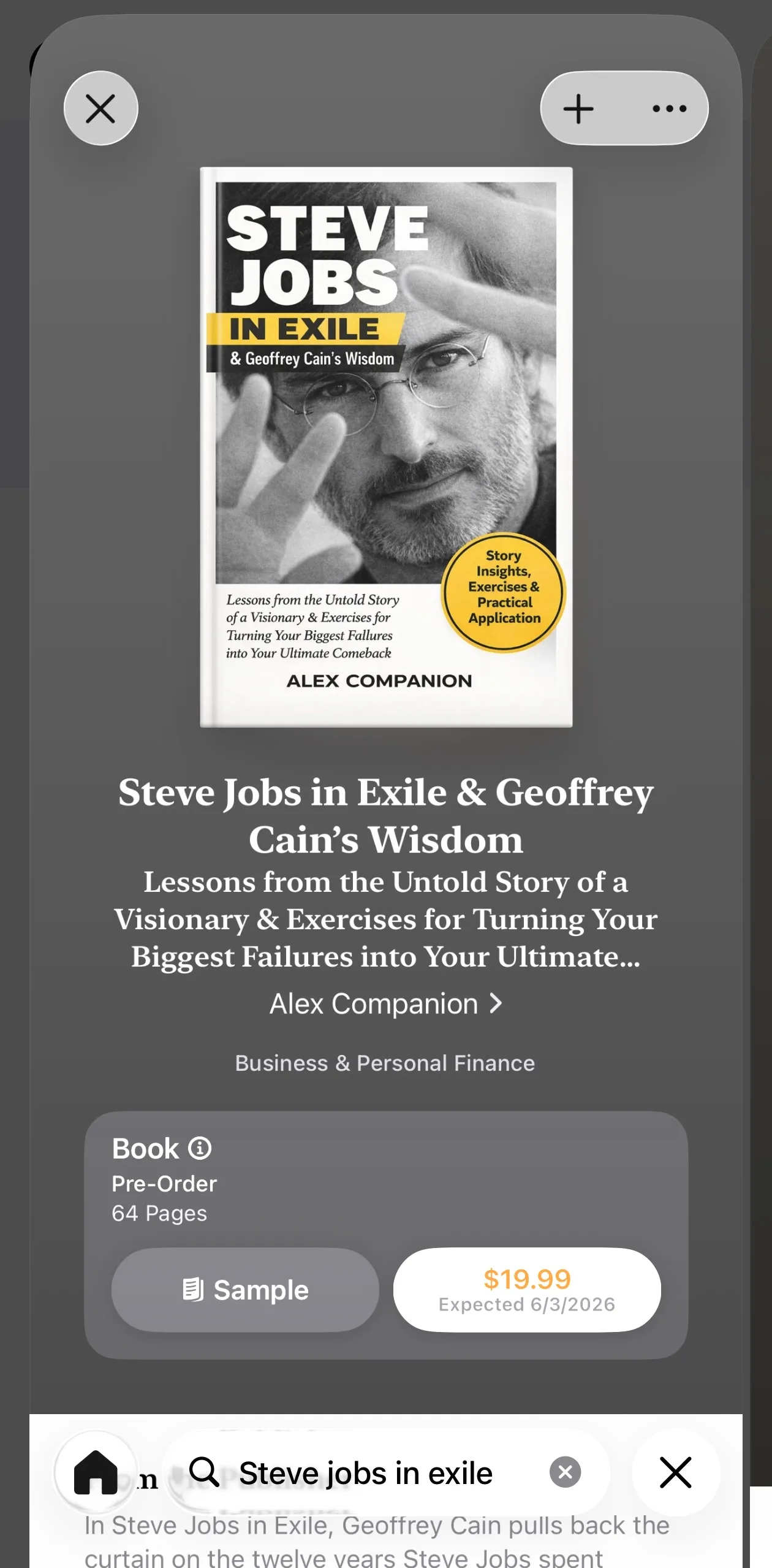 Detail page of the fake companion guide: 'Steve Jobs in Exile & Geoffrey Cain's Wisdom' by Alex Companion, 64 pages, $19.99 pre-order